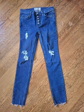 Free People Distressed Button-Fly Skinny Jeans - Blue